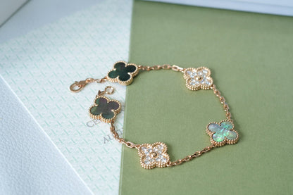 [Lumi Jewelry]CLOVER 5 MOTIFS DARK MOP AND DIAMONDS PINK GOLD BRACELET