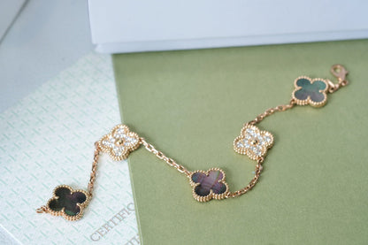 [Lumi Jewelry]CLOVER 5 MOTIFS DARK MOP AND DIAMONDS PINK GOLD BRACELET