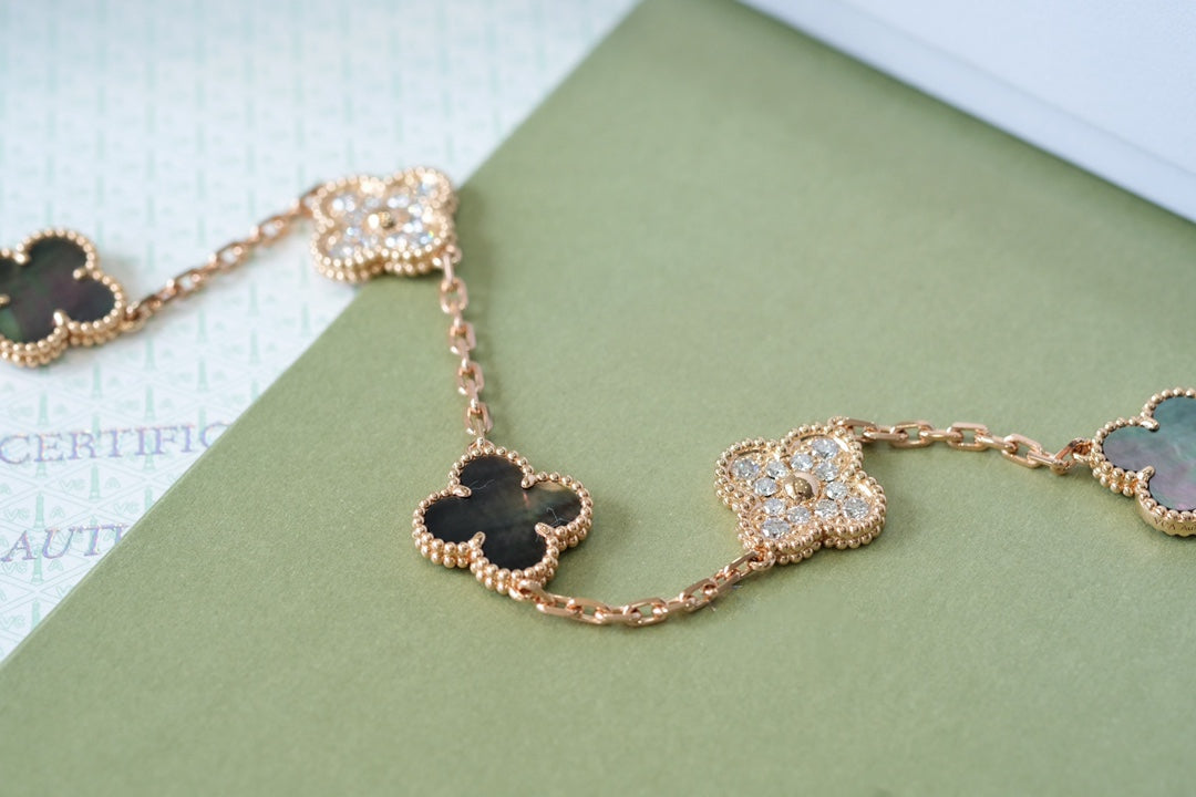 [Lumi Jewelry]CLOVER 5 MOTIFS DARK MOP AND DIAMONDS PINK GOLD BRACELET