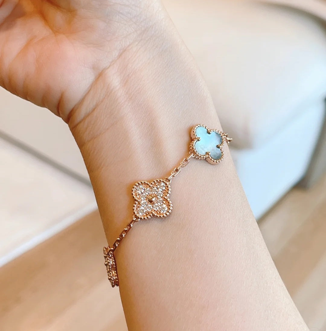 [Lumi Jewelry]CLOVER 5 MOTIFS DARK MOP AND DIAMONDS PINK GOLD BRACELET